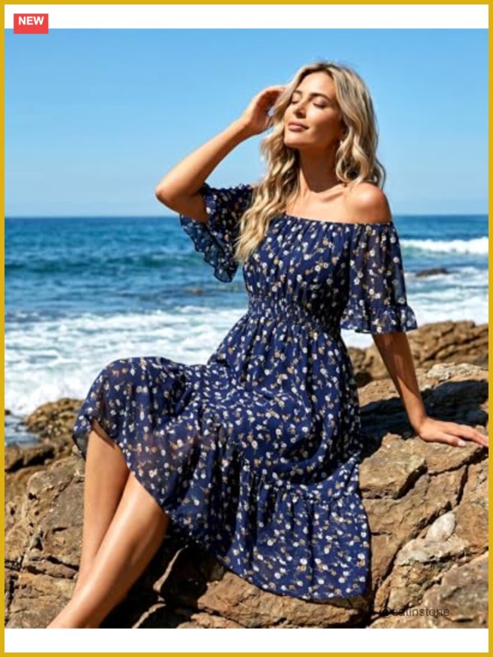 Boho Off Shoulder Midi Dress Ruffle Sleeve Smocked Waist Flowy Chiffon - Picture 2 of 5